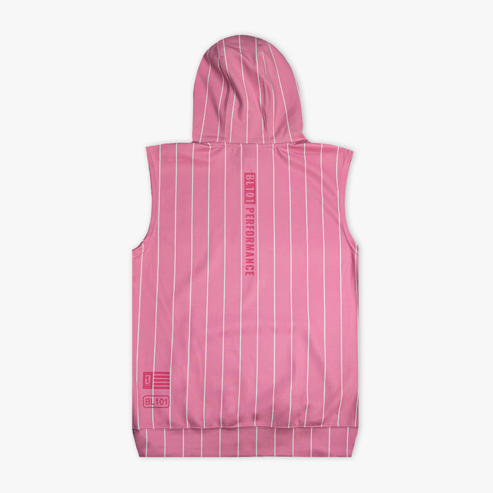 Pink sleeveless hoodie with white stripes on a white background