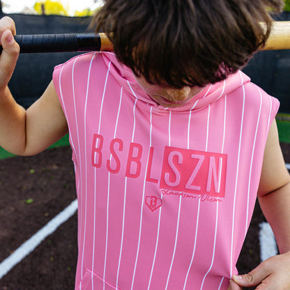 Close-up front view of the youth pink pinstripe BSBL-SZN Short Sleeve Hoodie V3 showing the "BSBLSZN" box logo and "Jackson Olson" script