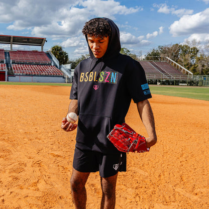 Youth model wearing black and midnight sundae BSBL-SZN youth short sleeve hoodie