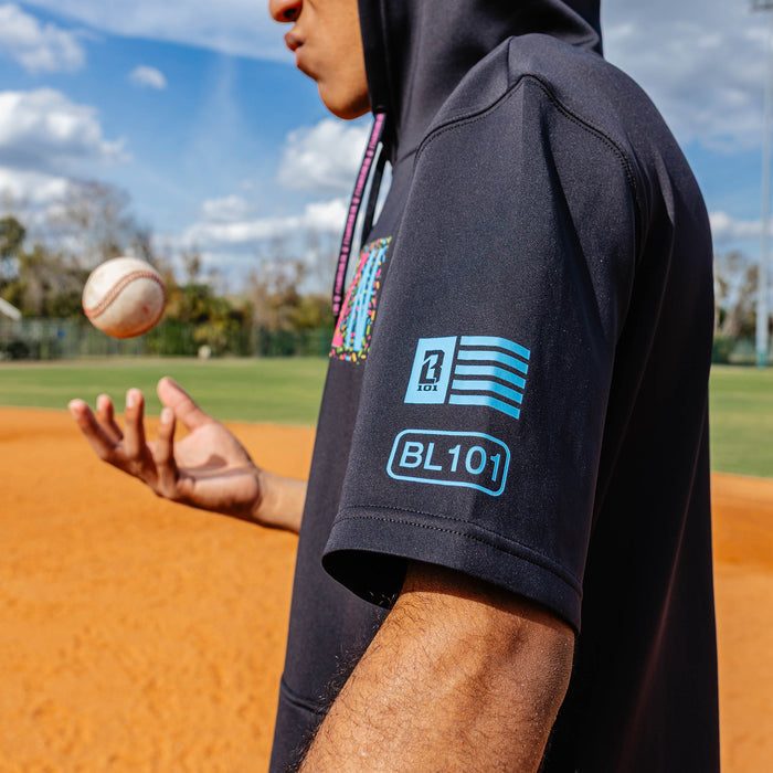 Youth model wearing black and midnight sundae BSBL-SZN youth short sleeve hoodie