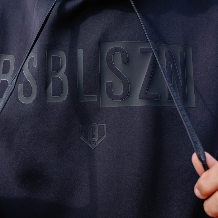 Youth model wearing black BSBL-SZN Blackout youth short sleeve hoodie