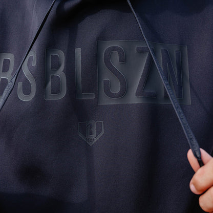 Youth model wearing black BSBL-SZN Blackout youth short sleeve hoodie