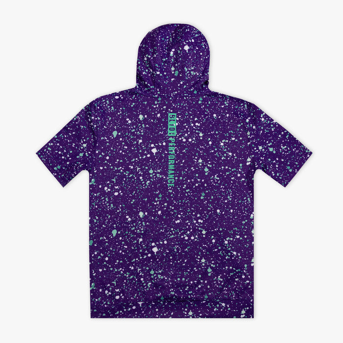 Purple splatter-patterned hoodie with 'BL101 PERFORMANCE' text on a white background