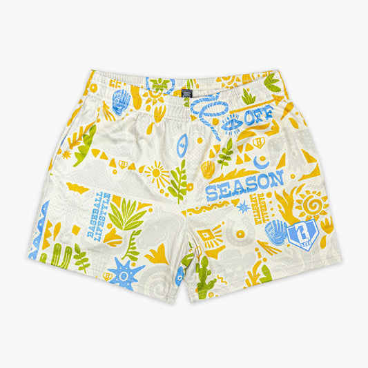 Colorful desert patterned shorts on a white background