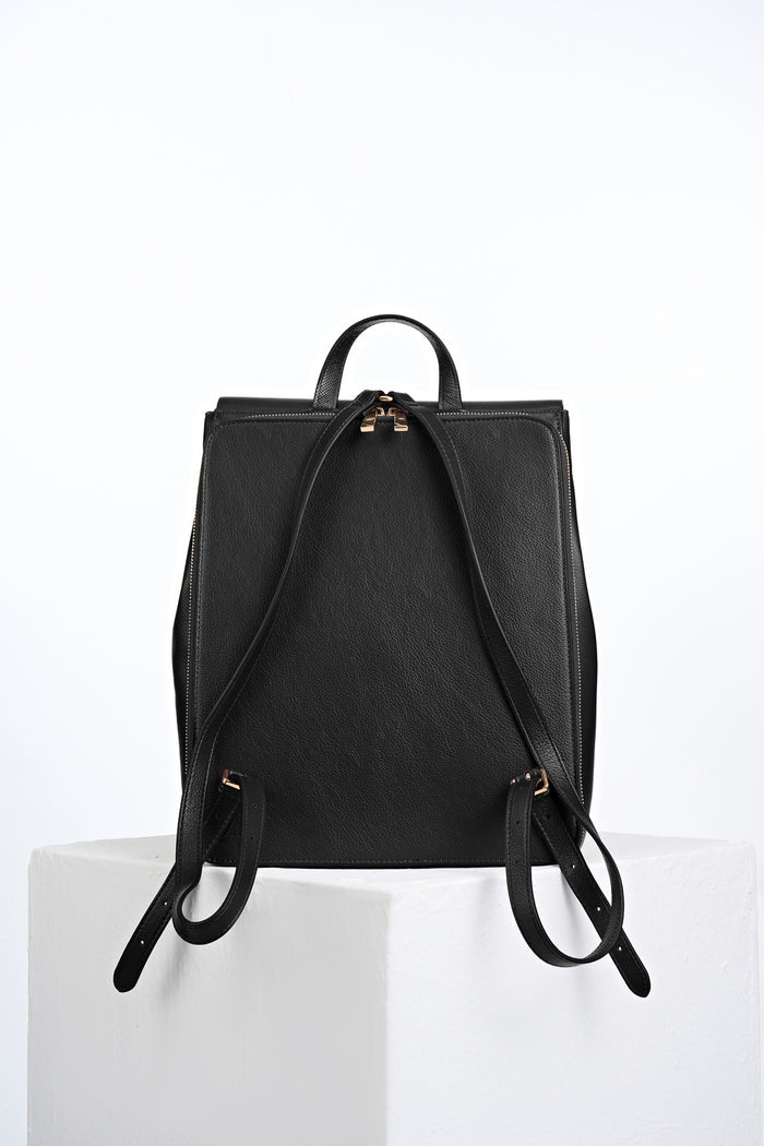 Back view of Casey Black faux leather Laptop Backpack showing the zip up back laptop pocket and two shoulder straps