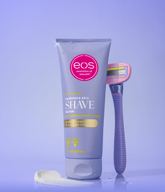 eos shave butter tube and razor on a purple background