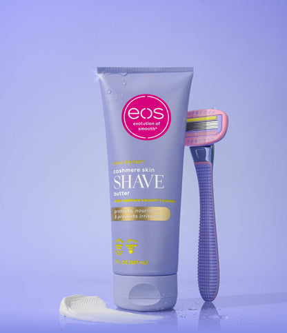 eos shave butter tube and razor on a purple background
