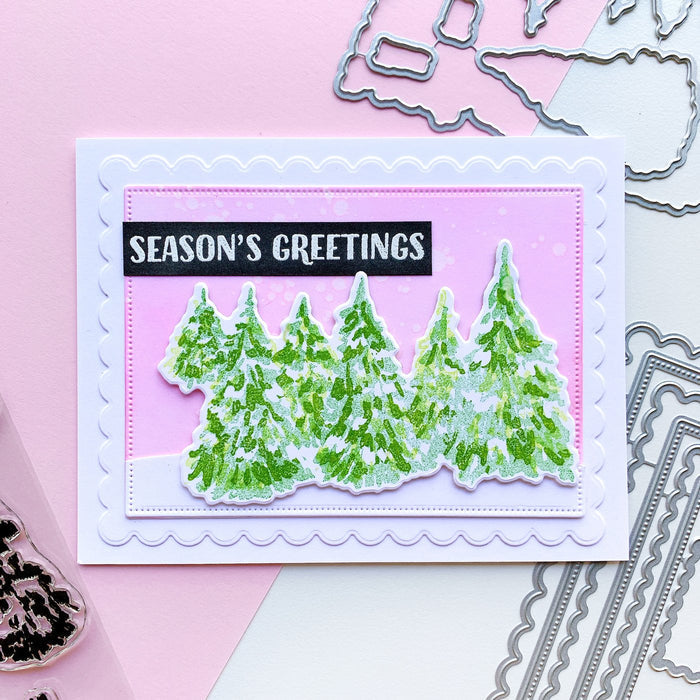 Catherine Pooler - Stamps - Evergreen Woods. Create your own Evergreen Woods with our 6x8 layering stamp set and coordinating Evergreen Woods Dies. This set contains multi-step stamps to "build" a forest of pine trees or an individual tree. The addition of the North Star stamp will bring added warmth to your winter scene or even make a nice holiday tree topper. Available at Embellish Away located in Bowmanville Ontario Canada. Card example made by brand ambassador.