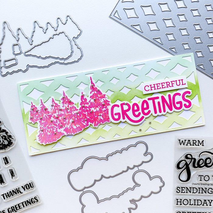 Catherine Pooler - Stamps - Evergreen Woods. Create your own Evergreen Woods with our 6x8 layering stamp set and coordinating Evergreen Woods Dies. This set contains multi-step stamps to "build" a forest of pine trees or an individual tree. The addition of the North Star stamp will bring added warmth to your winter scene or even make a nice holiday tree topper. Available at Embellish Away located in Bowmanville Ontario Canada. Card example made by brand ambassador.