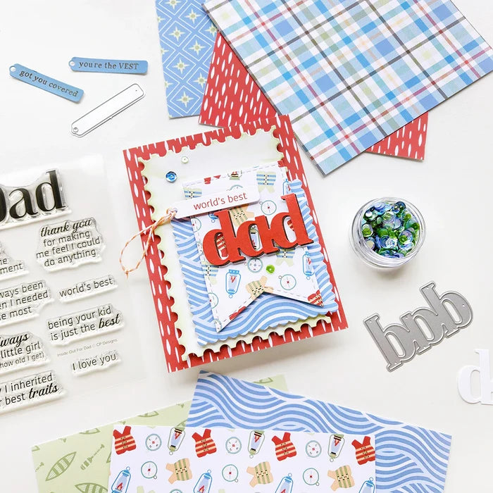 Catherine Pooler - Word Die - Just Dad. Available at Embellish Away located in Bowmanville Ontario Canada. Example by Catherine Pooler Designs brand Ambassador.