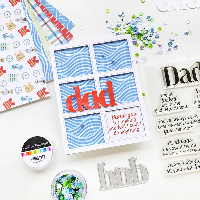 Catherine Pooler - Word Die - Just Dad. Available at Embellish Away located in Bowmanville Ontario Canada. Example by Catherine Pooler Designs brand Ambassador.