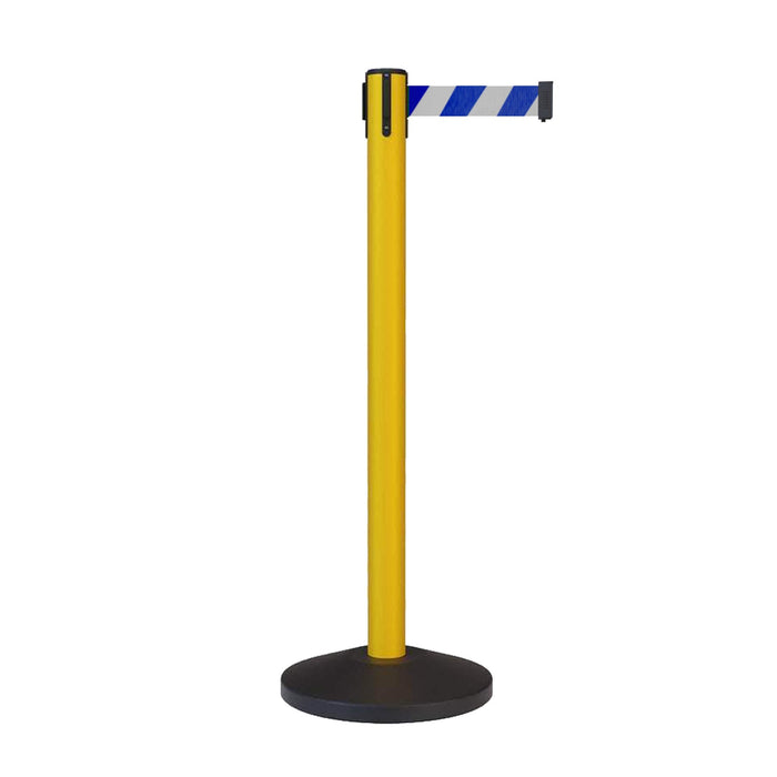 CCW Series RBB - 100 Retractable Belt Barrier Stanchion, Sloped Base, Yellow Post - 9 ft. Belt - Crowd Control Warehouse