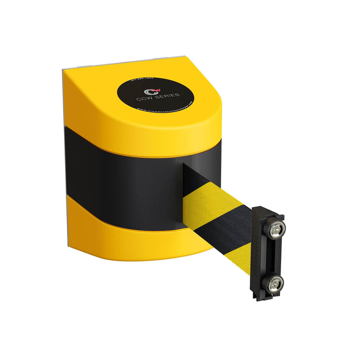 CCW Series WMB 220 - Wall Mounted Retractable Belt Barrier - Yellow Magnetic ABS Case - 7.5, 10, 13, & 15 Ft. Belts - Crowd Control Warehouse