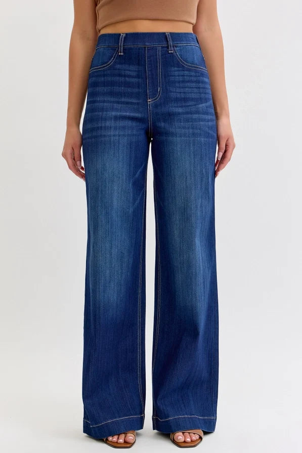 Cello Comfort Dark High Rise Pull On Wide Leg Denim
