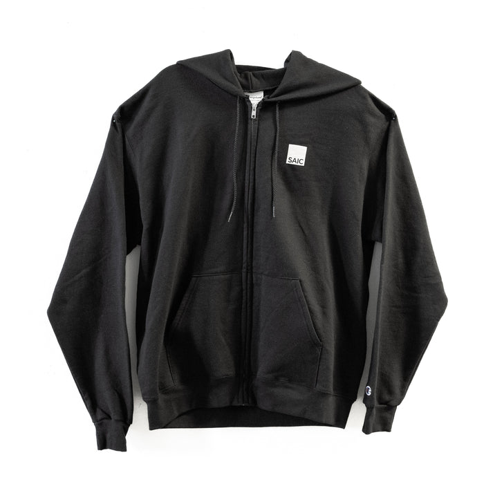 Black hoodie with a small logo on the chest against a white background