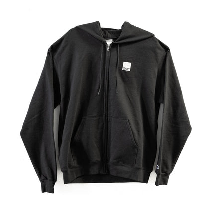 Black hoodie with a small logo on the chest against a white background