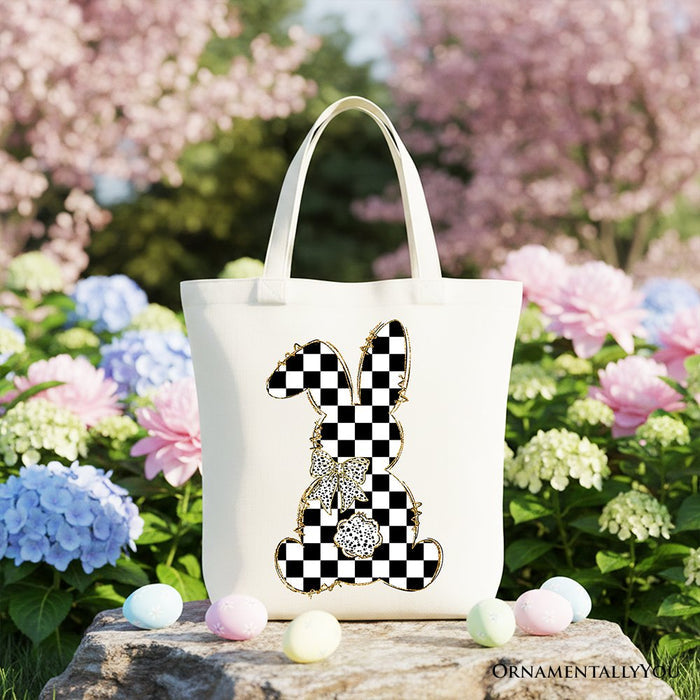Checkered Easter Bunny Coquette Tote Bag, Stylish Spring Gift Shopper Tote Bag OrnamentallyYou White