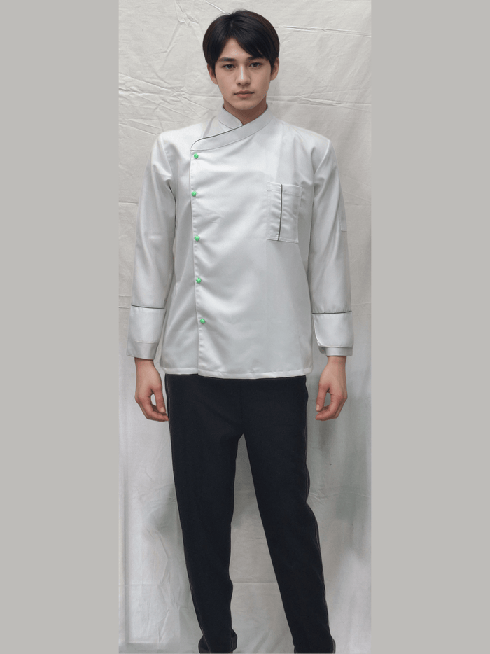 Chef Coat with Green Piping and Buttons for Professional Chefs - J R GARMENTS