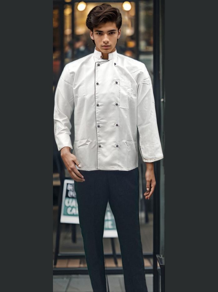Chef Coat White with Black Piping and Mushroom Buttons for Culinary Professionals - Perfect White Chef Coat with Black Piping - J R GARMENTS