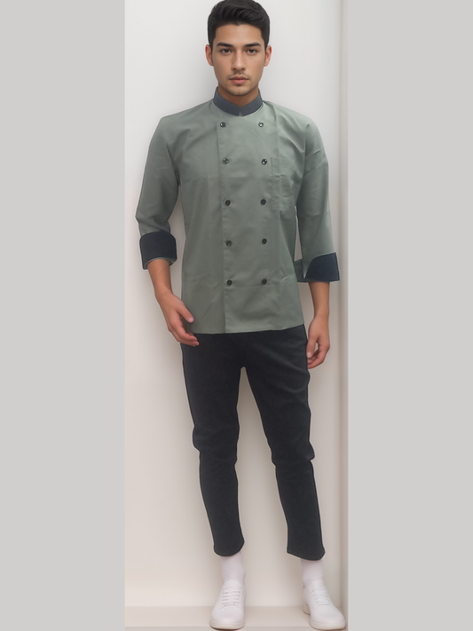 Chef Coat Cement Grey Black Full Sleeves - Stylish & Functional Kitchen Wear - J R GARMENTS