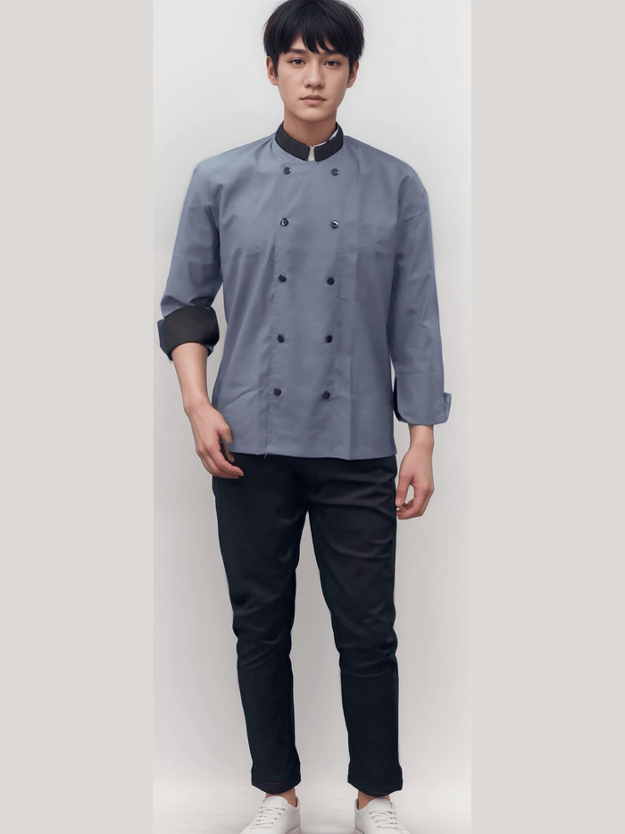 Chef Coat Grey and Black Full Sleeves for Professional Culinary Style - J R GARMENTS