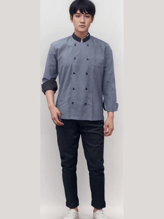 Chef Coat Grey and Black Full Sleeves for Professional Culinary Style - J R GARMENTS