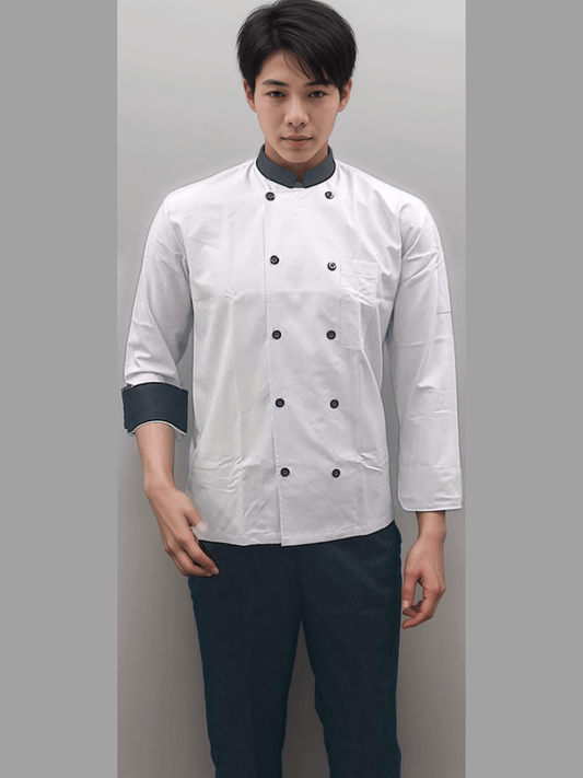 Chef Coat White and Black Full Sleeves for Culinary Professionals - J R GARMENTS
