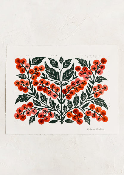 A woodcut art print of cherry tomatoes.