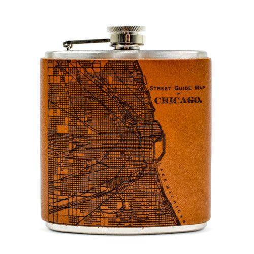 Chicago Street Map Leather Wrapped Flask