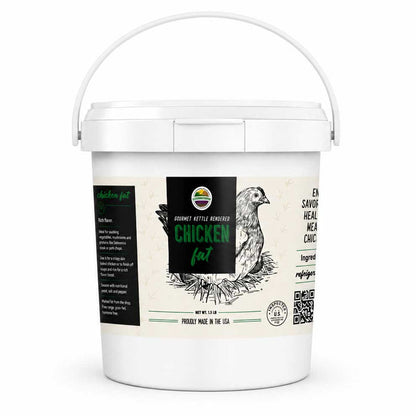 A white plastic bucket of Chicken Fat Gourmet Refined Chicken Fat, featuring a detailed label with a chicken illustration and product information.