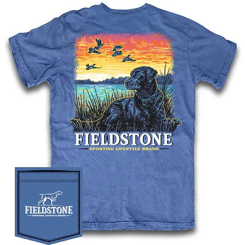A blue short-sleeved children's pocket t-shirt with a graphic of a Labrador dog sitting in front of a sunset, with ducks flying over accompanied by text 'FIELDSTONE SPORTING LIFESTYLE BRAND'.