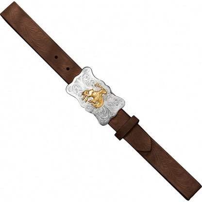 Children's brown  leather embossed cowhide belt with a fancy silver Western style buckle featuring a bronze bucking bronco. Aerial view laid flat