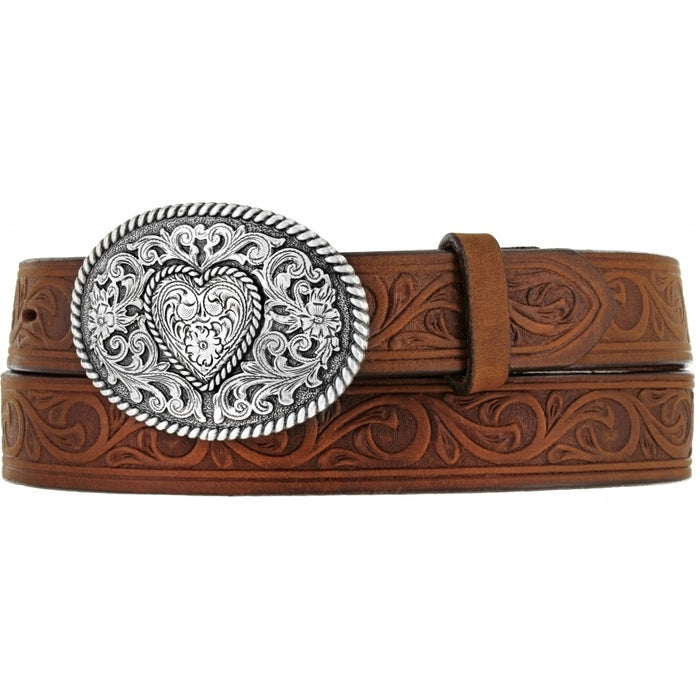 Children's brown leather embossed belt with a decorative silver tone oval buckle featuring a heart design. Front View