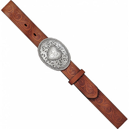 Children's brown leather embossed belt with a decorative silver tone oval  buckle featuring a heart design. Top view laid flat.