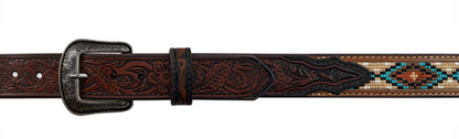 A flat view of a children's brown leather belt with floral embossed end tabs and needlepoint inlay featuring geometric designs. It includes a silver finish buckle.