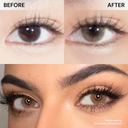 Close-up of eyes with long lashes before and after wearing EyeCandys Glossy Hazel colored contact lenses, showing natural hazel tint, enhanced brightness, and subtle enlargement.