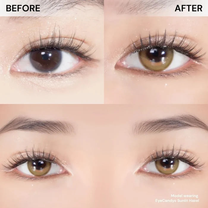 Close-up of eyes with long lashes before and after wearing EyeCandys Glossy Hazel colored contact lenses, showing natural hazel tint, enhanced brightness, and subtle enlargement.