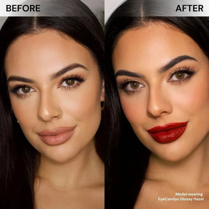 Before and after comparison of eye with long lashes wearing EyeCandys Glossy Hazel colored contact lens – natural eye vs warm hazel lens with subtle enlargement and glossy, natural sparkle.