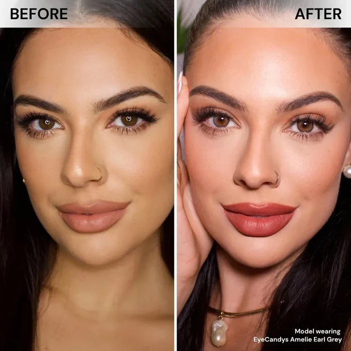 Close-up of eyes with long lashes before and after wearing EyeCandys Amelie Earl Grey colored contact lenses, showing soft grey tint, smooth blending, and natural enhancement.
