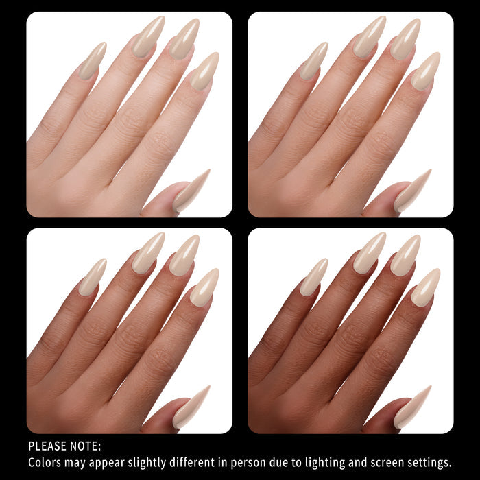 Collage of hands with beige nail polish on a white background
