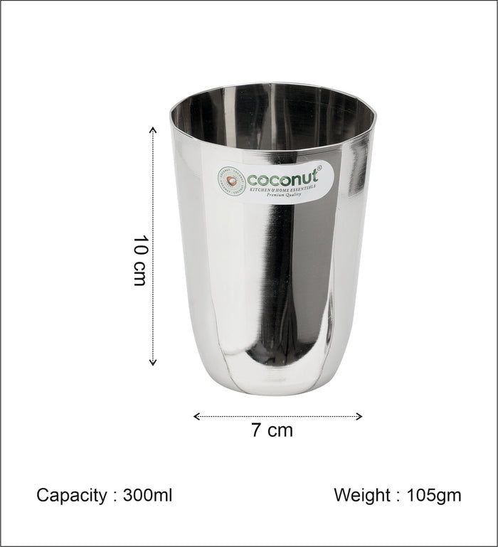 Coconut A35 Citrus Stainless Steel Drinking Glass Set of 6, 300ml Each | Premium Mirror Finish Tumbler | Food Grade Stainless Steel Water Glass | Rust Proof, BPA Free, Dishwasher Safe | Juice, Water, Milk & Beverage Glasses.