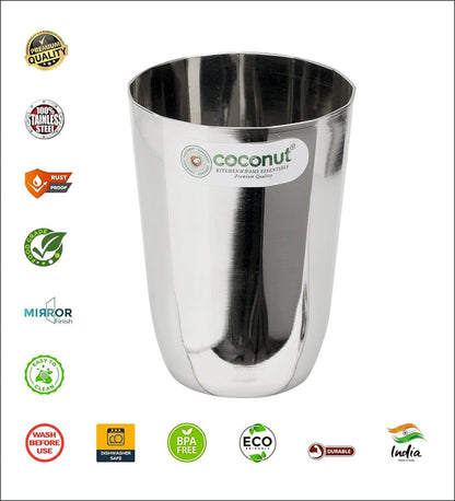 Coconut A35 Citrus Stainless Steel Drinking Glass Set of 6, 300ml Each | Premium Mirror Finish Tumbler | Food Grade Stainless Steel Water Glass | Rust Proof, BPA Free, Dishwasher Safe | Juice, Water, Milk & Beverage Glasses.