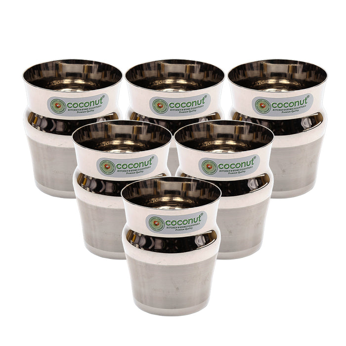 Coconut A41 Trinity Stainless Steel Drinking Glass Set of 6, 270 ml Each, Matte Finish Tumbler Glasses for Water, Juice, Lassi, Buttermilk, Tea & Daily Use, Rust Resistant Food Grade.