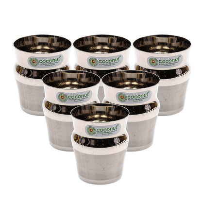 Coconut A41 Trinity Stainless Steel Drinking Glass Set of 6, 270 ml Each, Matte Finish Tumbler Glasses for Water, Juice, Lassi, Buttermilk, Tea & Daily Use, Rust Resistant Food Grade.