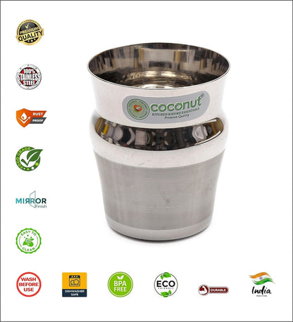 Coconut A41 Trinity Stainless Steel Drinking Glass Set of 6, 270 ml Each, Matte Finish Tumbler Glasses for Water, Juice, Lassi, Buttermilk, Tea & Daily Use, Rust Resistant Food Grade.