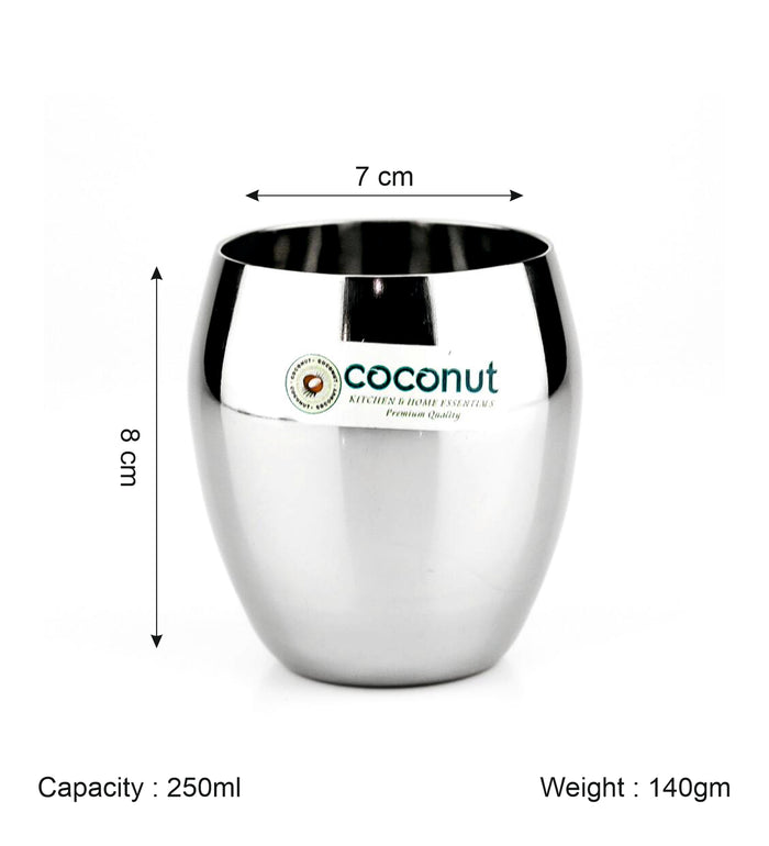 Coconut B1 Honda Stainless Steel Glass, 250 ml, Mirror Finish Drinking Tumbler, Food Grade Steel Water Glass for Juice, Milk, Lassi, Buttermilk & Daily Use, Rust Resistant.