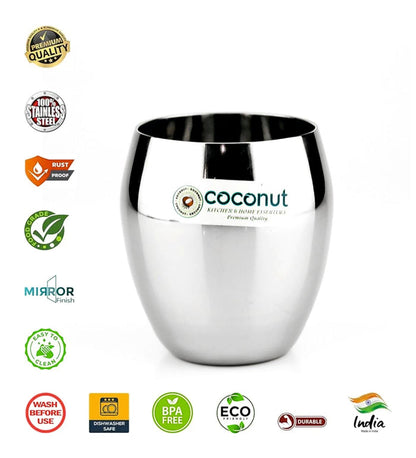 Coconut B1 Honda Stainless Steel Glass, 250 ml, Mirror Finish Drinking Tumbler, Food Grade Steel Water Glass for Juice, Milk, Lassi, Buttermilk & Daily Use, Rust Resistant.