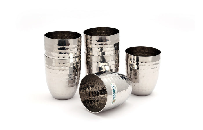 Coconut B13 Hammered Stainless Steel Glass, 200 ml, Premium Hammered Finish Drinking Tumbler, Food Grade Steel Water Glass for Juice, Milk, Lassi, Buttermilk & Daily Use, Rust Proof.
