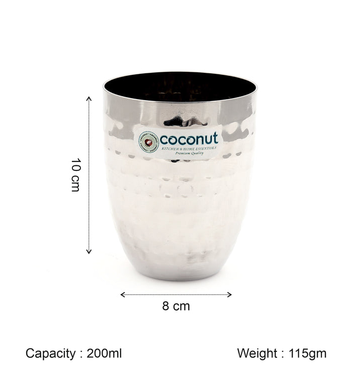 Coconut B13 Hammered Stainless Steel Glass, 200 ml, Premium Hammered Finish Drinking Tumbler, Food Grade Steel Water Glass for Juice, Milk, Lassi, Buttermilk & Daily Use, Rust Proof.