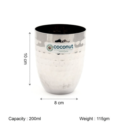 Coconut B13 Hammered Stainless Steel Glass, 200 ml, Premium Hammered Finish Drinking Tumbler, Food Grade Steel Water Glass for Juice, Milk, Lassi, Buttermilk & Daily Use, Rust Proof.